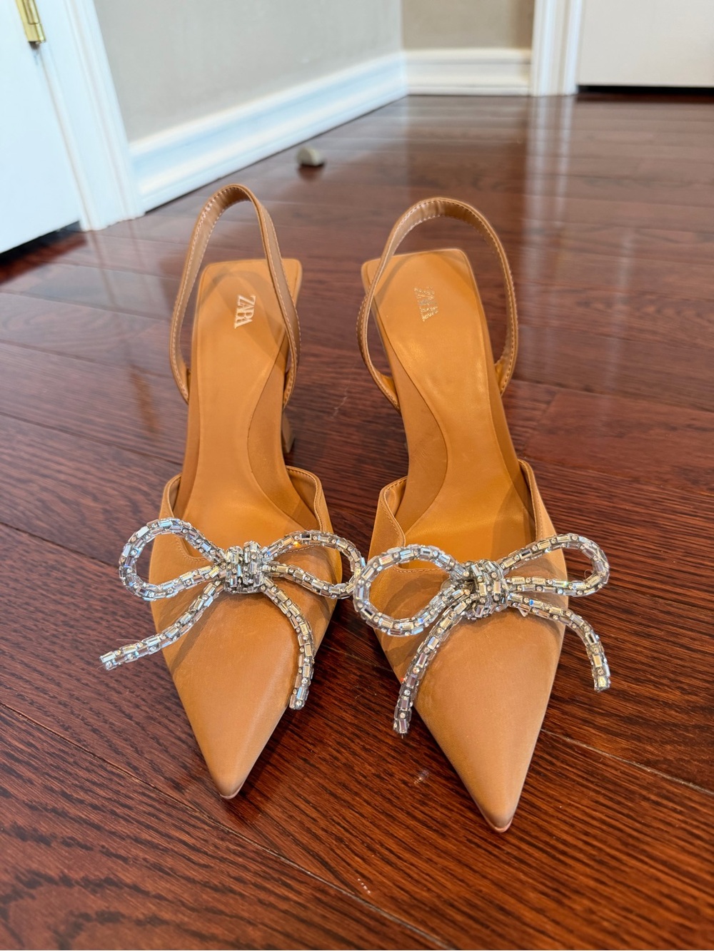 Zara Tan Slingback Pointed Pumps with Crystal Bow Accents